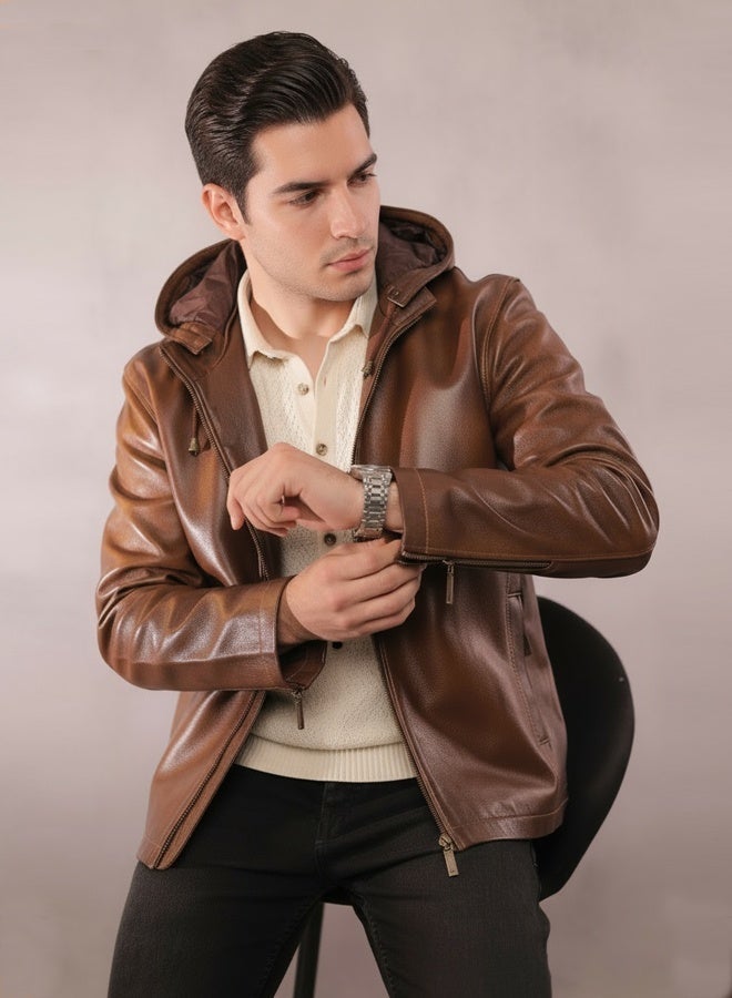 أتش بي أس جاكيت جلد طبيعي 100% للرجال بغطاء رأس منفصل وجيوب داخلية وسحاب معدني فاخر - Image 2